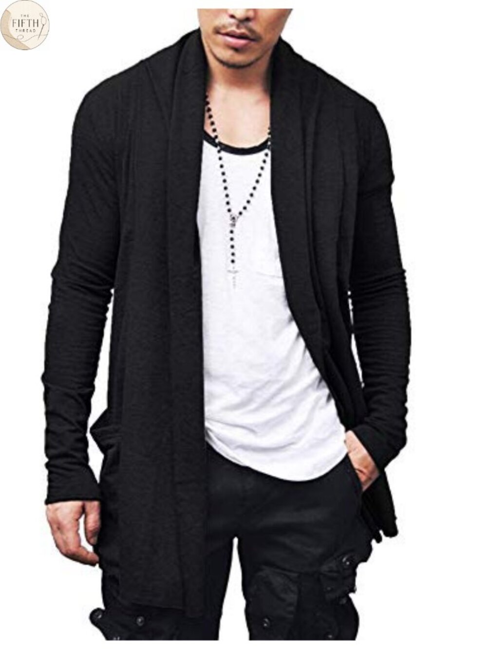 Men's Ruffle Shawl Collar Open Front Long Cardigan Lightweight Sweater